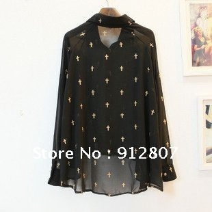 autumn 2012 European and American quality shirt chiffon long sleeve blouse shirt cross printing  women shirt shirts & blouse