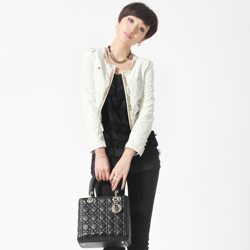 Autumn 2012 handmade beaded o-neck leather jacket women's outerwear short design leather clothing