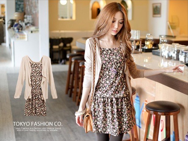 autumn 2012 Sell like hot cakes dot new  clothing floral print spaghetti strap shirt cardigan coat twinset female skull dress