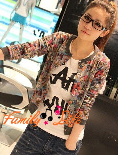 Autumn 2012 Women Long Sleeve Jacket comic graffiti Slim thin cardigan Jacket black gray Coat