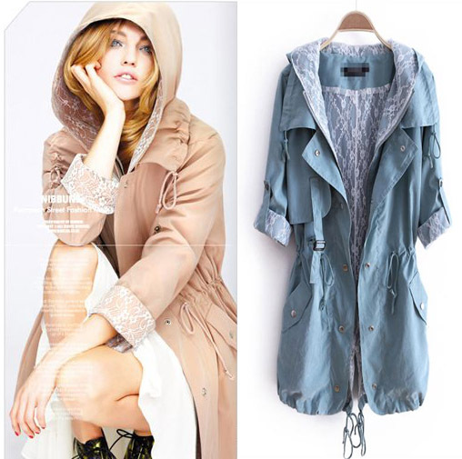 Autumn 2012 women's all-match hooded slim waist medium-long straight lace lining trench outerwear female