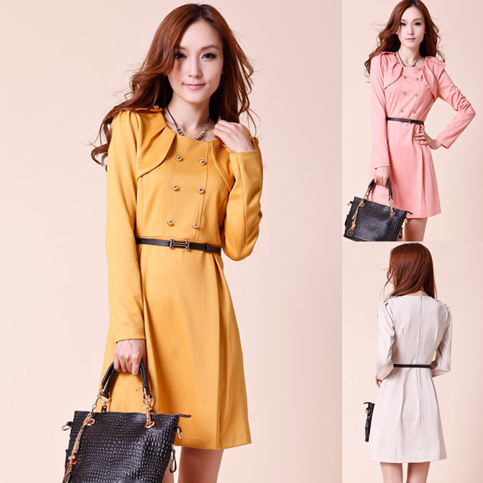 Autumn 2012 women's pink skirt noble elegant long-sleeve trench dress with leather belt plus size-Free Shipping