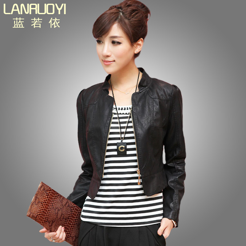 Autumn 2012 women's quality stand collar slim short design leather clothing outerwear water washed leather PU