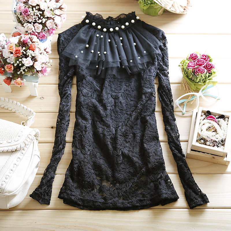 Autumn 2012 Women stand collar pearl gauze ruffle long-sleeve full lace shirt basic shirt