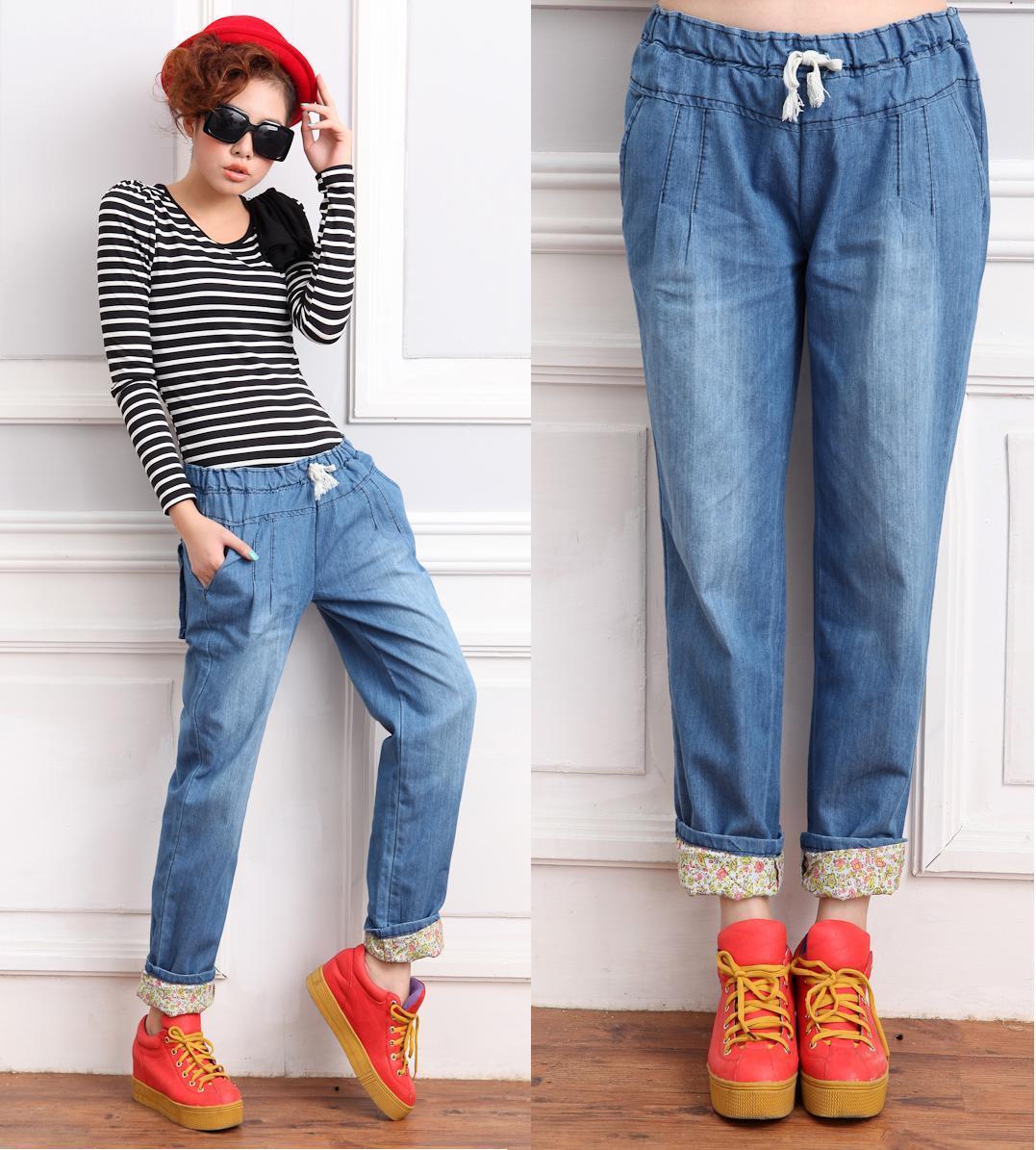 Autumn all-match lacing slim waist wearing white denim casual trousers women's elastic jeans 1066