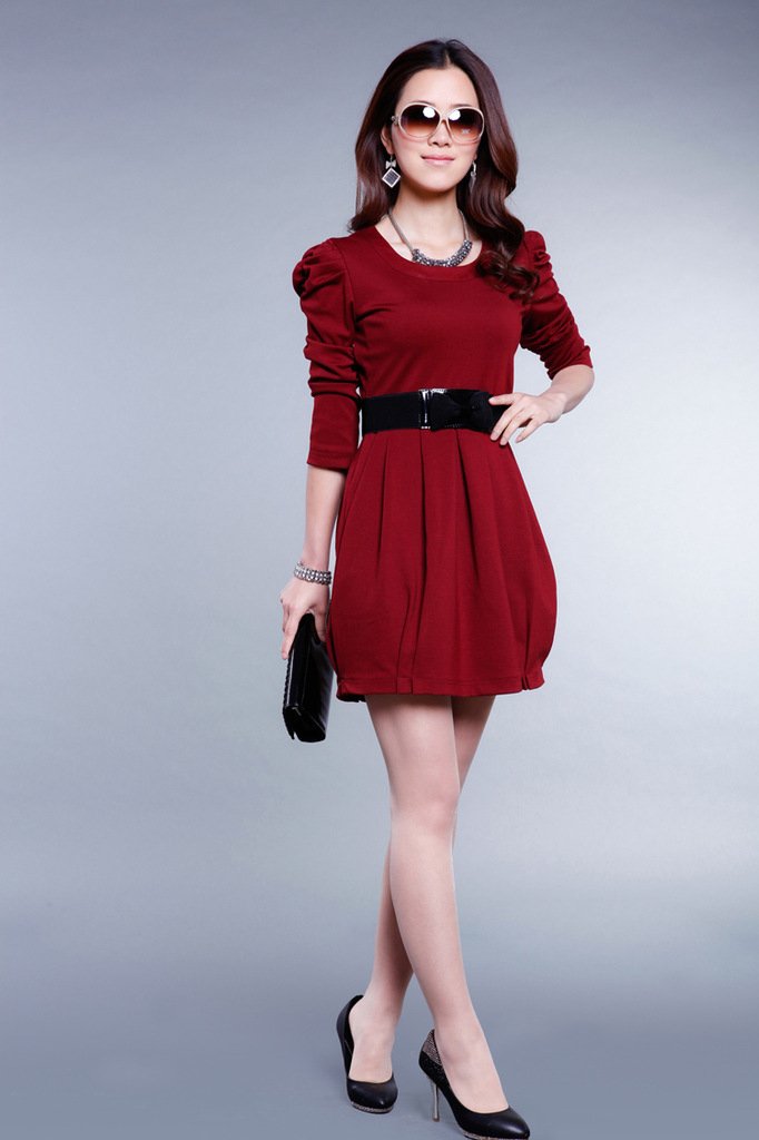 autumn and spring women's puff sleeve slim dress with Free Belt!4 colors size:M,L,XL,XXL CPAM Free Shipping