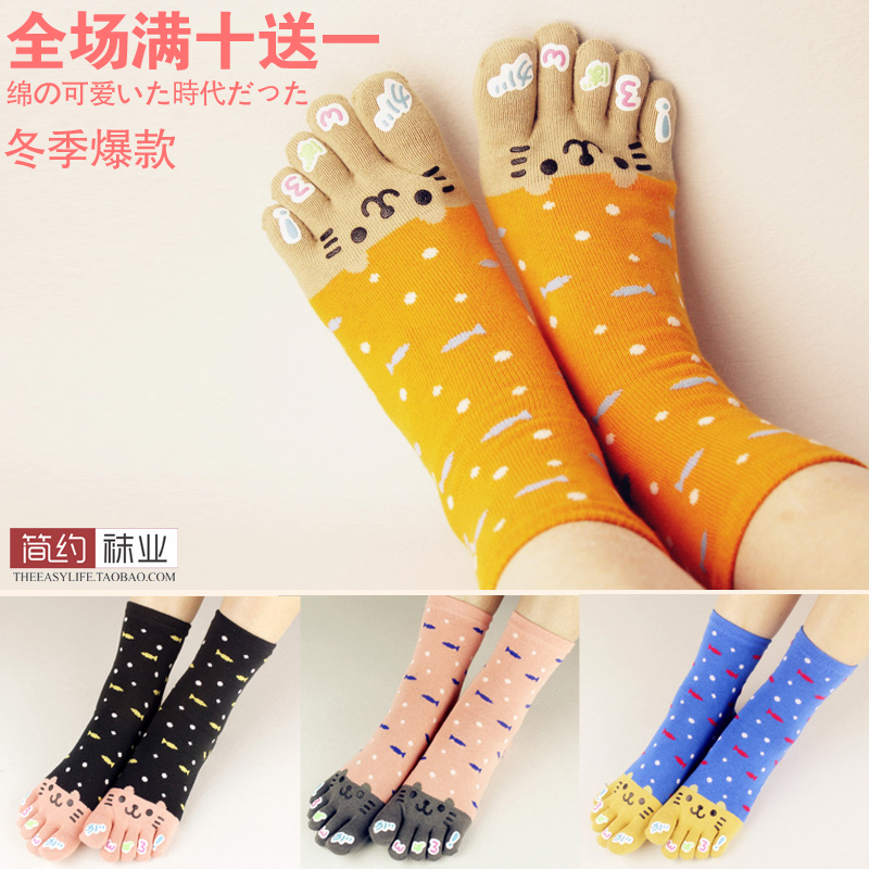 Autumn and winter 100% cotton knee cartoon thick toe female socks