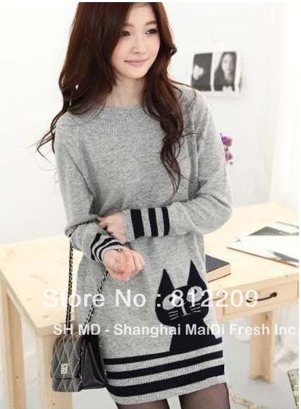 Autumn and winter 2012 spring plus size o-neck russy cat sweater C13150LI loose medium-long sweater women Free Shipping