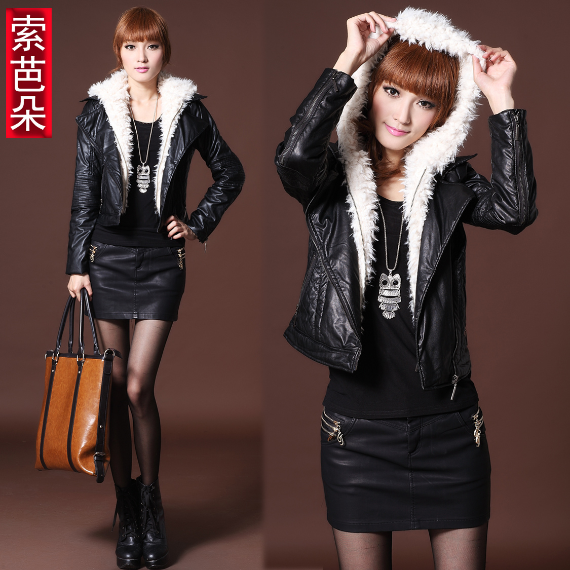 Autumn and winter 2012 women's slim PU leather clothing outerwear hooded wadded jacket 2718