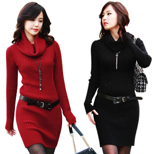 Autumn and winter all-match thickening slim hip long design sweater basic turtleneck sweater female sweater dress with belt