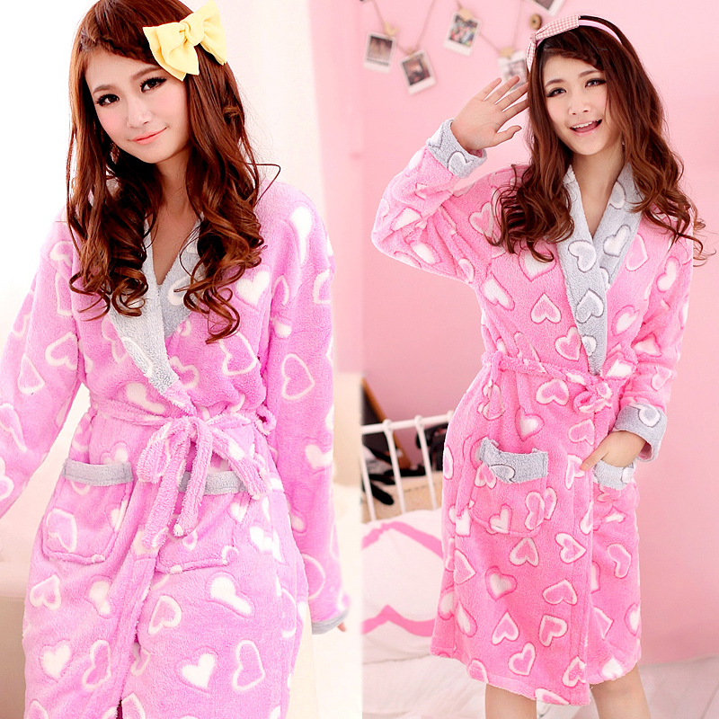 Autumn and winter at home service autumn heart coral fleece winter women's long-sleeve robe lounge