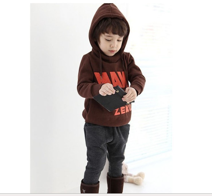 Autumn and winter baby thickening plus velvet fashion pullover letter pattern with a hood sweatshirt