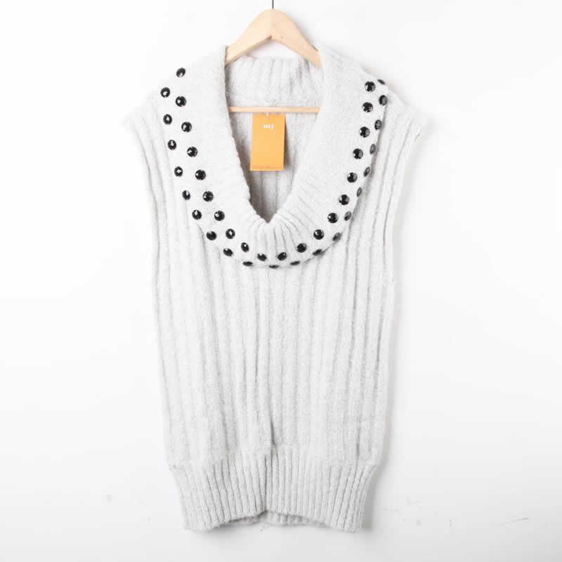 Autumn and winter beading V collar heap turtleneck grey vest sweater loose pullover sleeveless sweater 2013 female