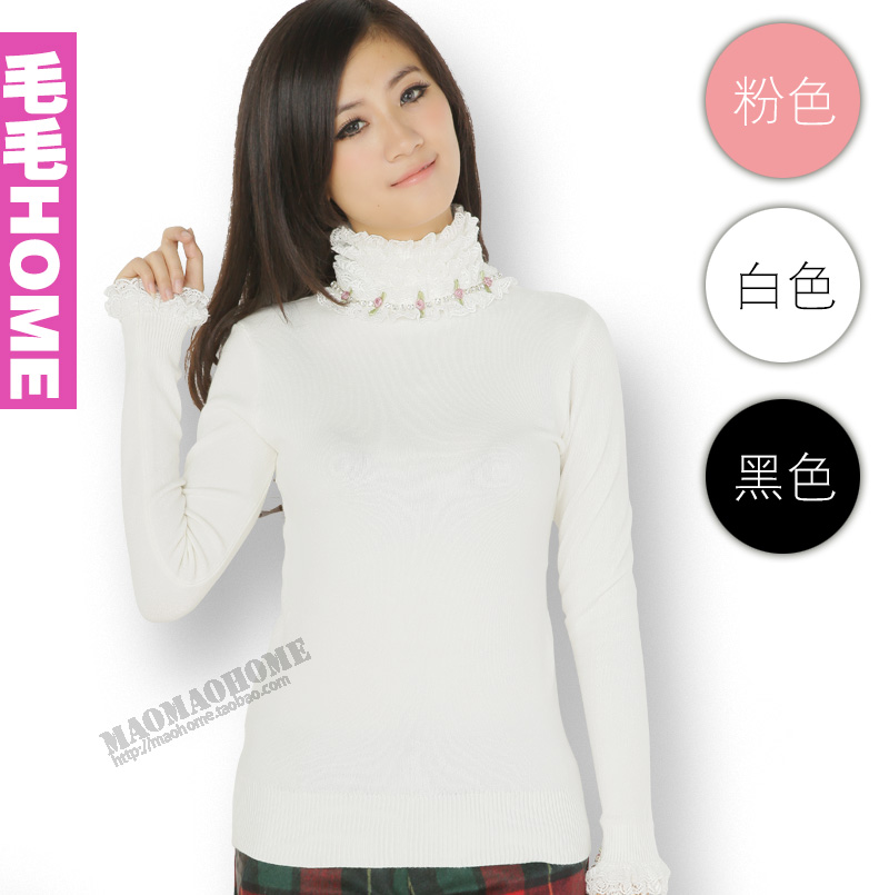 Autumn and winter black white turtleneck lace female slim basic sweater 846
