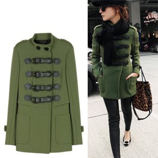 Autumn and winter British Style women Green woolen wool coat Ladies large leather belt buttons double-breasted woolen overcoat