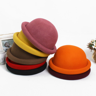 Autumn and winter candy color vintage fashion decoration small fedoras pure wool dome roll-up hem fashion cap