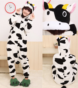 Autumn and winter cartoon animal cow thickening lovers one piece sleepwear coral fleece