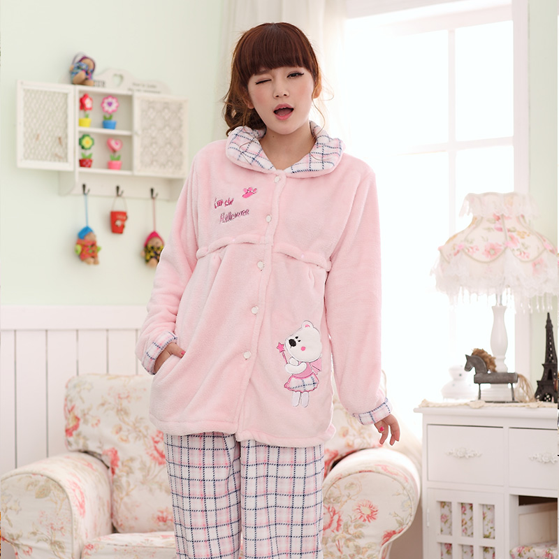 Autumn and winter cartoon bear thickening flannel fleece sleepwear lounge Women sleepwear at home service set Free delivery