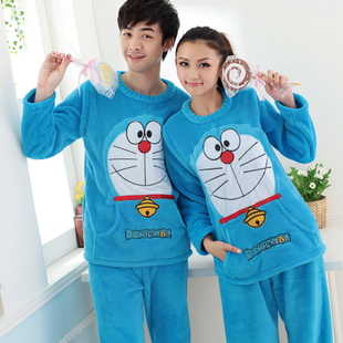 Autumn and winter cartoon blue DORAEMON thickening coral fleece lovers long-sleeve sleep set lounge