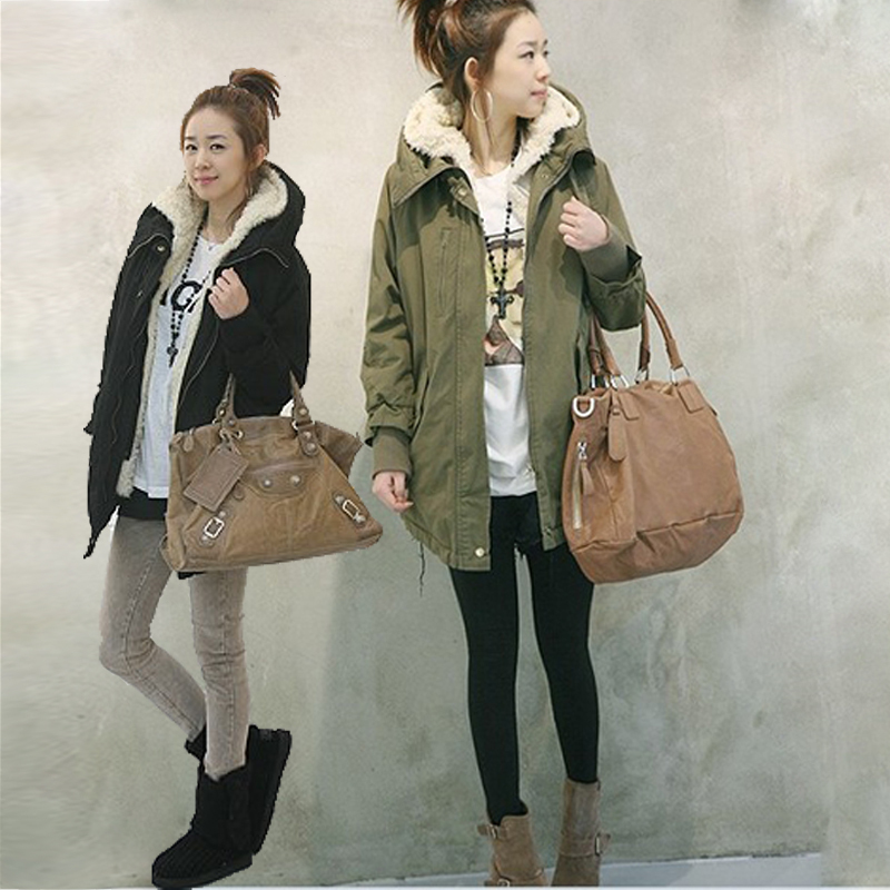 Autumn and winter casual berber fleece liner overcoat outerwear Army Green wadded jacket medium-long thickening cotton-padded