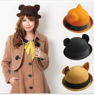 Autumn and winter cat ears hat pure woolen roll-up hem female small round fedoras cat ear cap