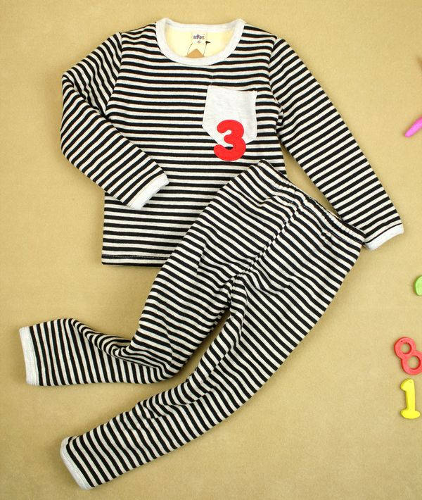 Autumn and winter child plus velvet thickening thermal underwear set male o-neck stripe fleece lounge