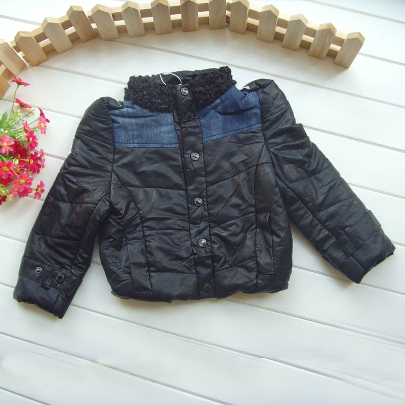 Autumn and winter children's clothing child female child leather patchwork denim short design leather clothing outerwear