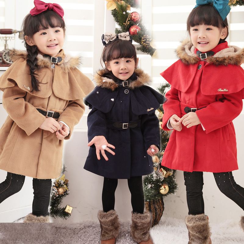 Autumn and winter children's clothing female child woolen plus velvet liner trench overcoat outerwear twinset