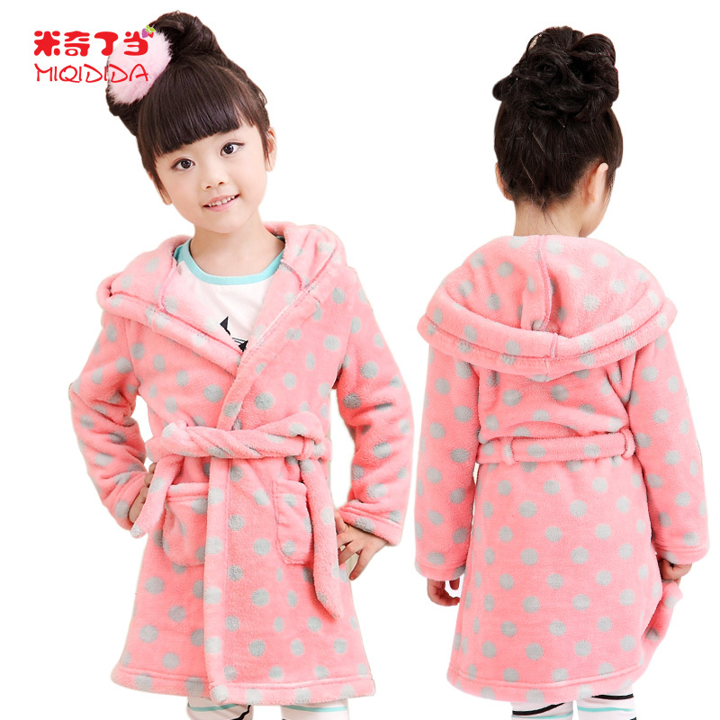 Autumn and winter children's clothing kid's thick polka dot lounge girl's robe sleepwear pajamas set