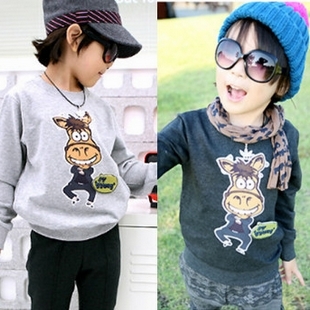 Autumn and winter children's clothing top male Girls' baby style 100% cotton plus velvet thickening sweatshirt t-shirt