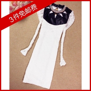Autumn and winter cool faux leather beading cutout slim lace double layer basic one-piece dress
