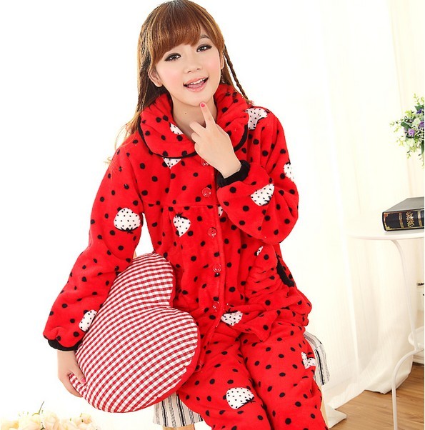 Autumn and winter coral fleece sleepwear female 100% cotton long-sleeve thickening set