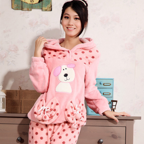 Autumn and winter coral fleece sleepwear female thickening long with a hood powder dot lounge set