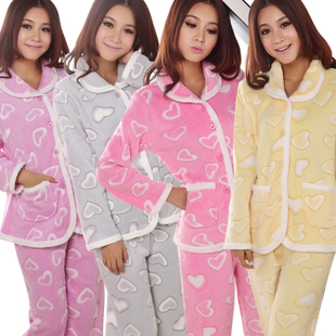 Autumn and winter coral fleece sleepwear thickening lounge set lovers male Women