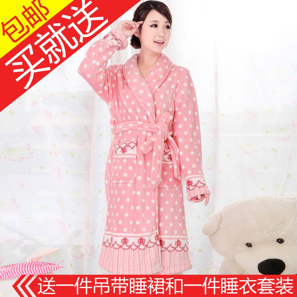 Autumn and winter coral fleece thickening sleepwear women's set sexy plus size robe lounge