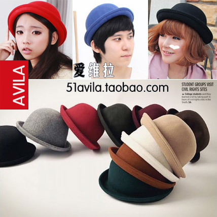 Autumn and winter cute dome fedoras cashmere wool roll up hem woolen round cap male women's vintage felty hat
