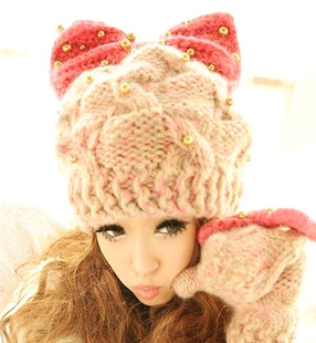 Autumn and winter devil horn knitted hat cat ears bow knitted hat magic large dolls