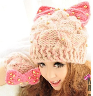 Autumn and winter devil horn knitted hat winter women's cat ears bow thermal knitted hat