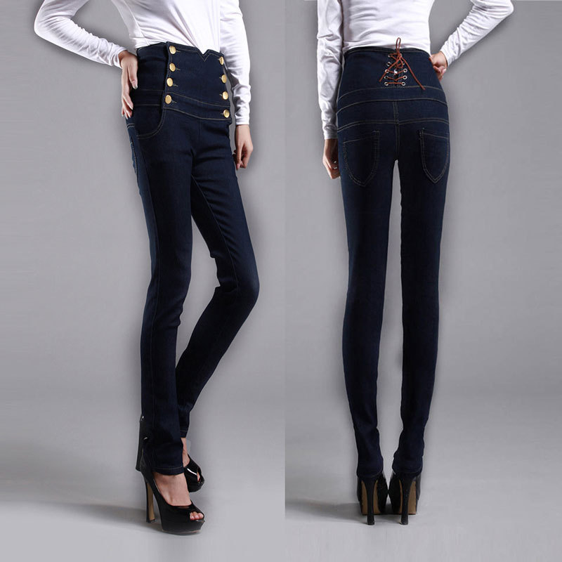 Autumn and winter double breasted vintage high waist denim trousers skinny pants tight pencil pants