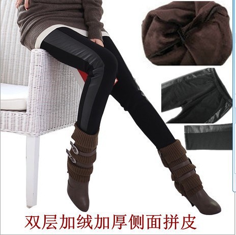 Autumn and winter double layer plus velvet thickening faux leather cotton patchwork legging faux leather pants boot cut jeans