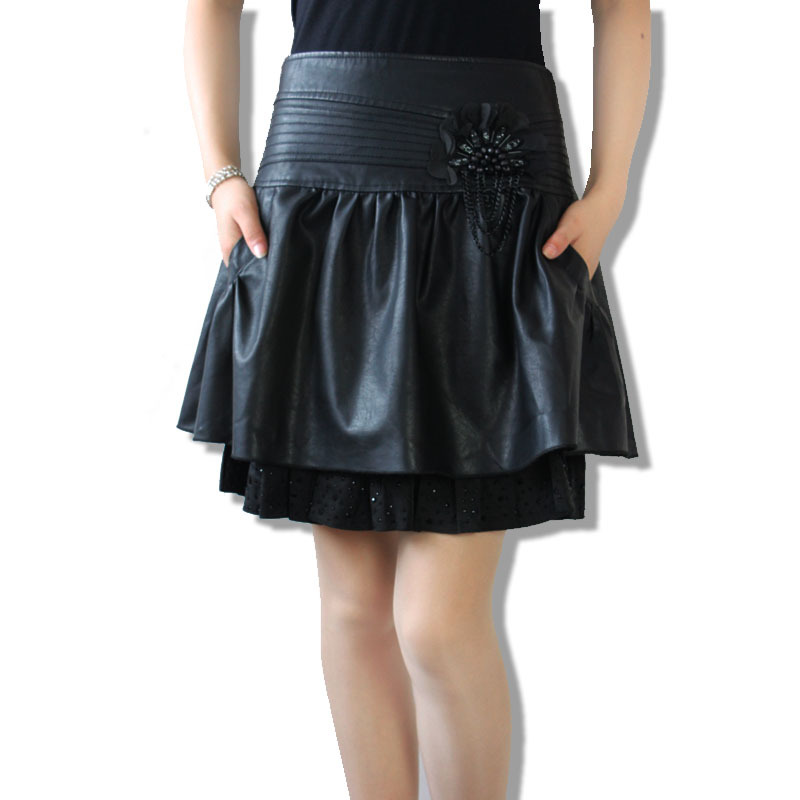 Autumn and winter dress black short skirt bust skirt layered dress water washed leather skirt PU skirt high waist skirt fashion