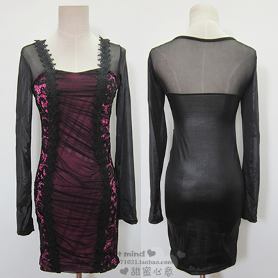 Autumn and winter dress sexy low-cut racerback faux leather cutout crochet lace slim hip slim one-piece dress tight