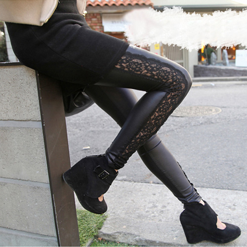 Autumn and winter elastic lace patchwork faux leather black sexy legging