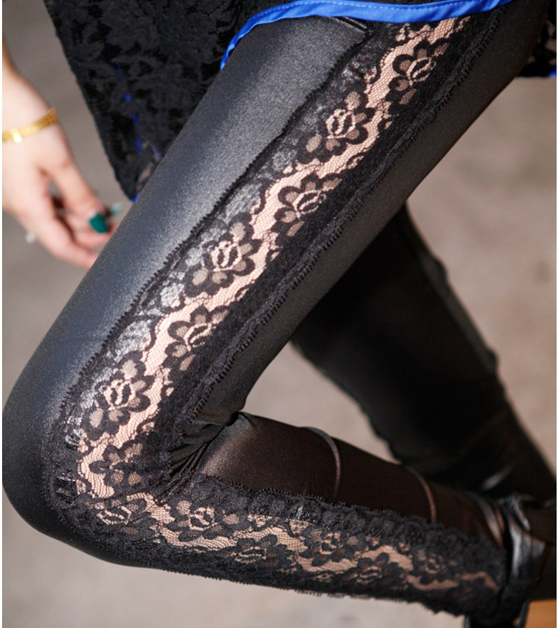 Autumn and winter elastic lace patchwork faux leather black thickening plus velvet legging skinny pants female