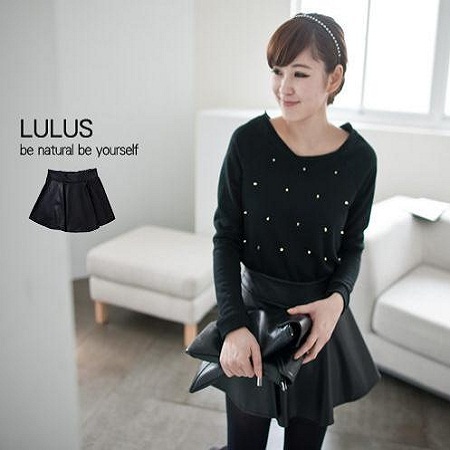 Autumn and winter elastic waist imitation leather PU black umbels short skirt