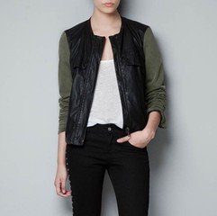 Autumn and winter Europe style Dark green Patchwork Black  Women's PU Leather Jacket lady slim clothes