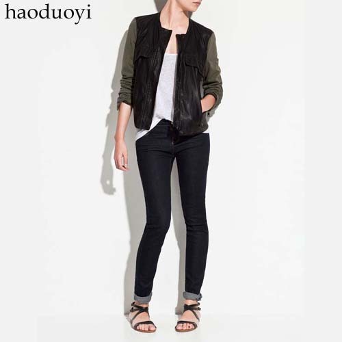 Autumn and winter fashion casual patchwork color block water washed leather PU long-sleeve leather clothing short jacket