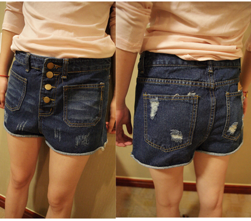 Autumn and winter fashion female buttons hole roll-up hem loose plus size basic high waist denim shorts boot cut jeans