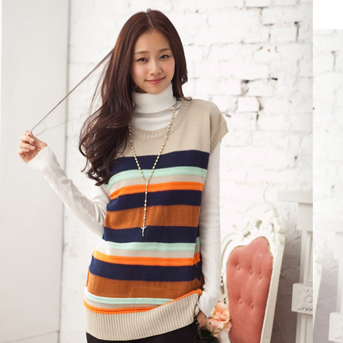 Autumn and winter fashion o-neck sleeveless multicolour stripe straight medium-long sweater 1233