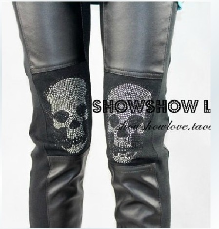 Autumn and winter fashion personality pants knee skull PU faux leather legging patchwork leather pants socks